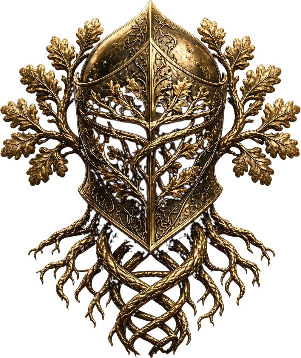 KNIGHTBORN crest: a gold helm of oak and roots