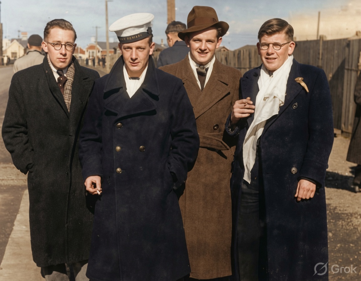 Four young men in Dunedin street coats, colour brought back to the photograph